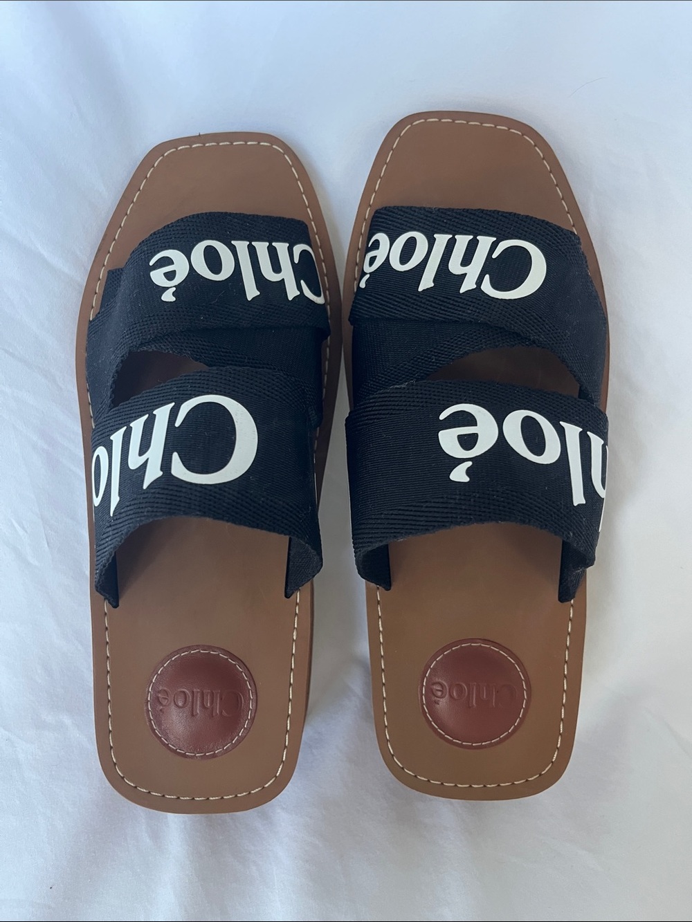 CHLOE Woody Logo Canvas Slides Black 38 Sandal Mules Heeled